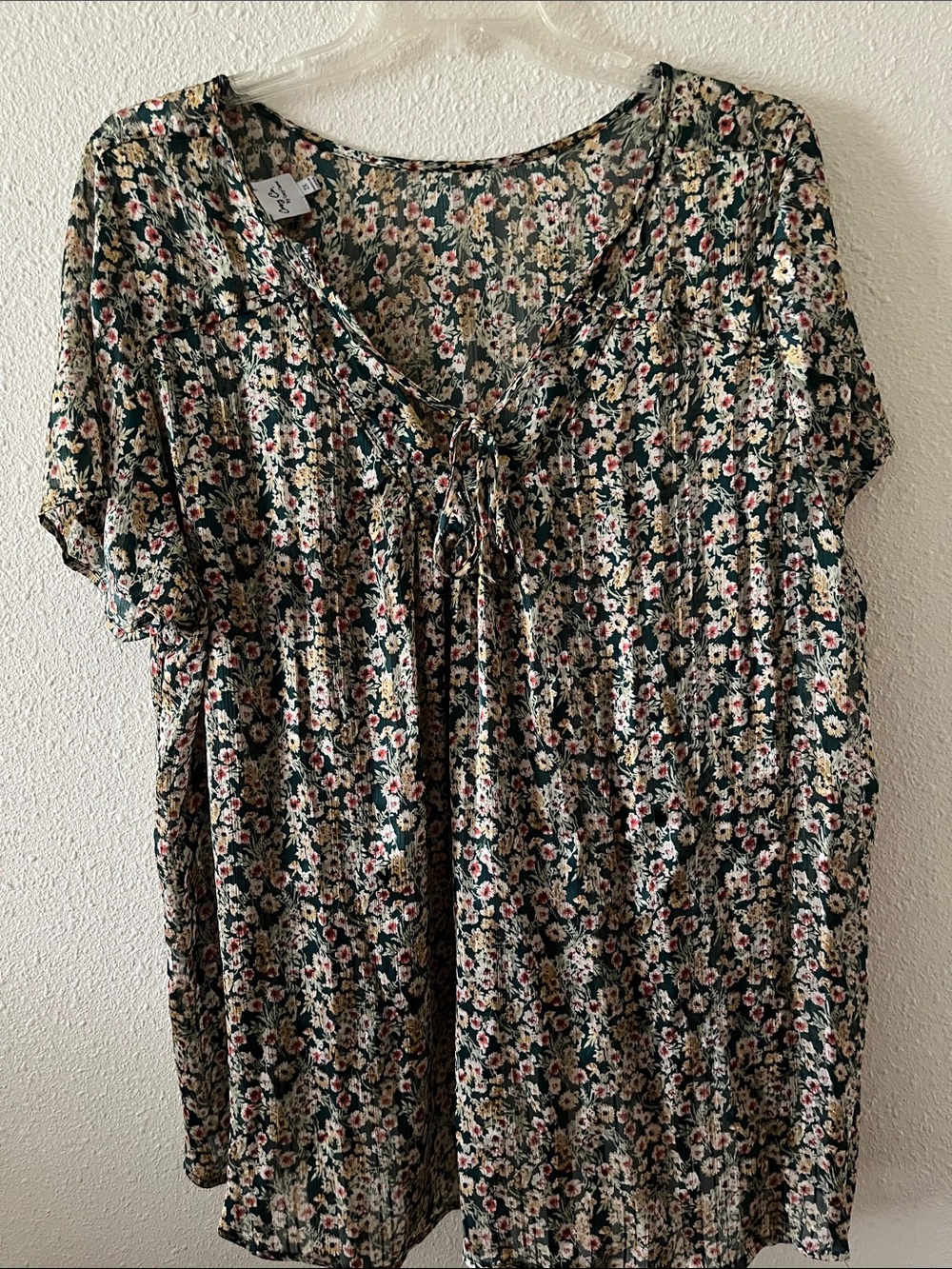 Cozy Casual Dark Green Floral Tie-Neck Blouse